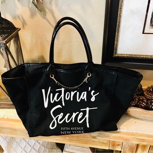 Victoria Secret script black large bag tote purse luggage canvas